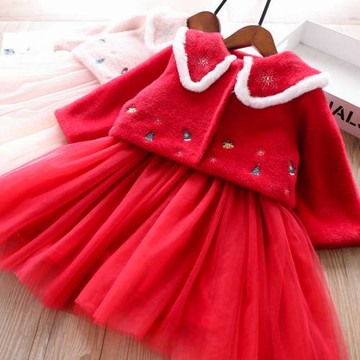 秋冬新品女童公主圣誕新年刺繡加絨背心裙+呢外套兩件套裝裙