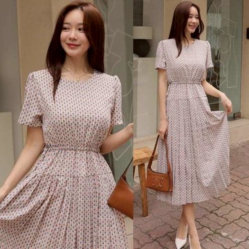 【白鳥麗子】連身裙 甜美菱格百摺收腰側綁帶短袖洋裝