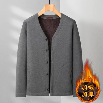 中老年冬季加絨加厚無領休閑外套爸爸裝男士大碼純色德絨棉衣棉襖