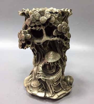 古玩銅器 白銅黃銅鍍銀招財納福擺件商務禮品 釣魚筆筒 老翁筆筒