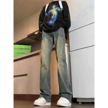 復古藍微喇褲男生水洗做舊直筒牛仔褲春秋美式街頭vibe顯瘦長褲子