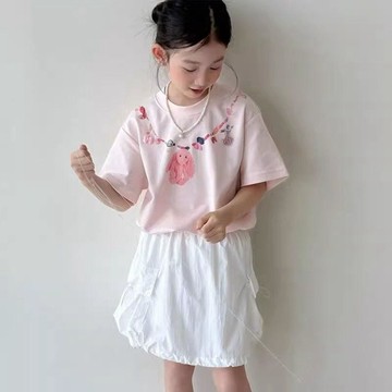 🎀biubiu童裝🎀女童裝韓系洋氣甜美系粉色可愛項鍊印花純棉短袖T恤兒童夏款上衣