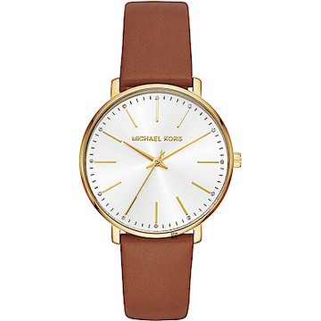 Michael Kors Pyper 紐約時尚女錶 新年開運 送禮推薦-銀x金框x咖啡色錶帶/38mm