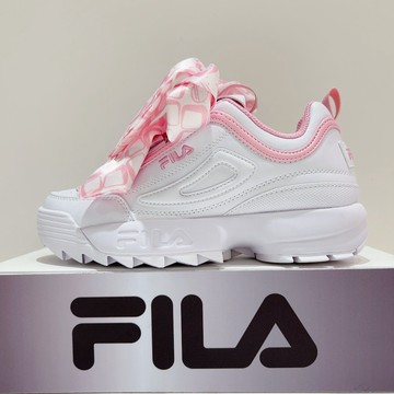 FILA DISRUPTOR 2 SCARF 女生 白色 緞帶粉 復古 運動 鋸齒鞋 老爹鞋 5-C124A-102
