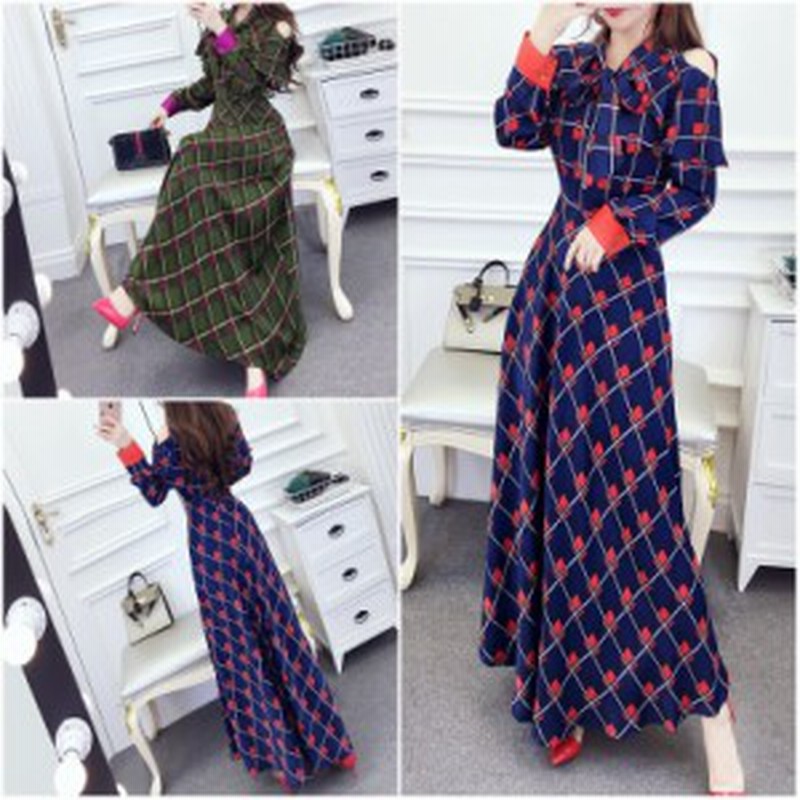 オフショル風ロングワンピース 長袖ワンピース リゾート 長袖 肩出し リボン ロング丈 チェック柄 レトロ 美スタイル 洗練感 春 通販 Lineポイント最大1 0 Get Lineショッピング