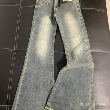 在臺🔥美式複古低腰微喇叭牛仔褲女春秋新款高街設計感拚接毛邊拖地長褲