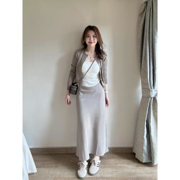 TIDE STUDIOS 復古氣質燕麥色長袖針織開衫女秋冬高腰A字半裙套裝