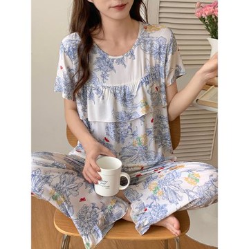 2024年棉綢短袖長褲睡衣女防凸點夏季遮胸女款寬松涼快人棉家居服