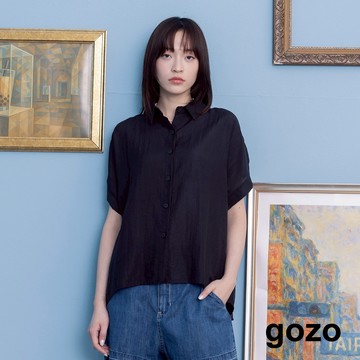 【gozo】➤抽皺肩麻料連袖襯衫(黑色/綠色_F) | 女裝 襯衫領 休閒