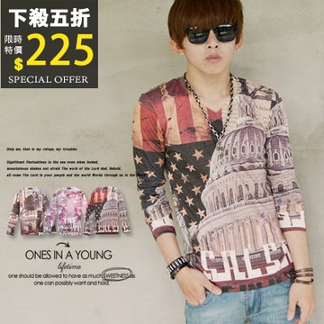【N8733J】英倫龐克滿版圖騰個性小V領長袖上衣