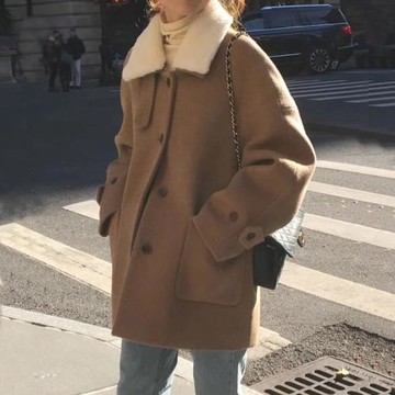 2025韓國秋冬羊毛呢外套女韓版寬松可拆卸翻毛領復古呢大衣小個子