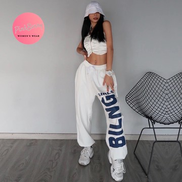 PinkBerry│ins 風 2色 夏季美式印花寬鬆運動長褲女嘻哈街舞百搭寬褲休閒長褲女束腳棉褲 休閒長褲