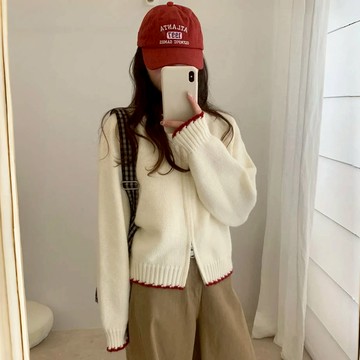 秋冬季韓系圓領雙拉鍊針織小外套