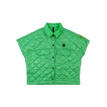 美系戶外BL@uer女款 翻領菱格紋絎縫單排扣徽章刺繡短袖夾克外套