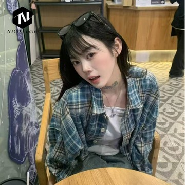 【Nico】美式復古格子藍色長袖開衫襯衫襯衣新款寬鬆防曬設計外套休閒上衣