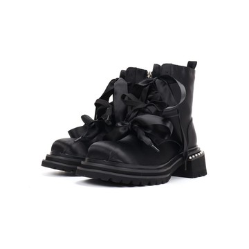 Asthershop原創 綢緞方頭短靴 秋季厚底芭蕾風靴子