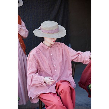 海岸粉柔美自然鬆弛條紋寬松襯衫