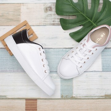 富發牌 1DH005 真皮綁帶拼接色休閒鞋 白黑/白粉  富發牌 休閒鞋 休閒鞋女 富發牌小白鞋 女鞋 平底鞋女