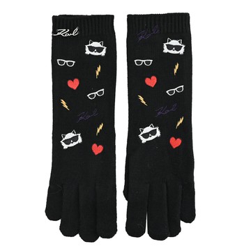 KARL LAGERFELD 卡爾 貓咪電繡印花徽章針織手套.黑