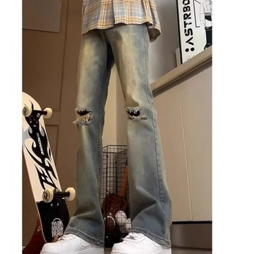 【老林】閃電風暴2024複古藍膝蓋破洞牛仔褲美式高街vibe寬鬆直筒微喇褲子 超火じさ