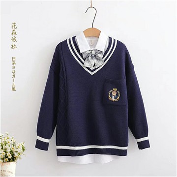 2021秋季新款學院風卡通刺繡V領針織衫+領結白襯衫少女裝2件套裝