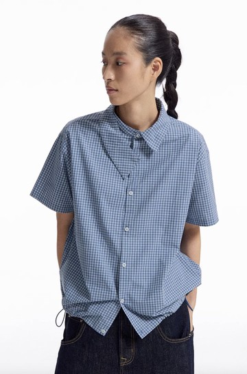 格紋不對稱領 / 寬鬆抽繩短袖襯衫