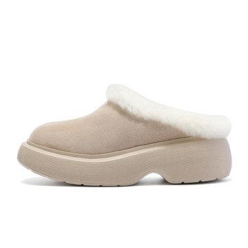 歐洲站2024秋冬圓頭毛毛面包拖鞋女厚底毛毛鞋里面全真羊毛半拖鞋