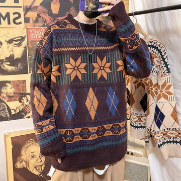 港風cec圓領毛衣男韓版潮流個性針織衫民族風寬松百搭外套ins線衣