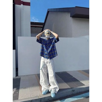 克萊因藍格子襯衫男高級感痞帥短袖外套薄款美式復古設計感上衣夏季休閒襯衫 寬鬆工裝襯衣 男士百搭襯衣 美式復古格子襯衫男