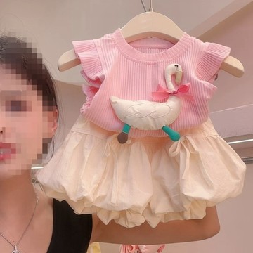 Mimo⭐女寶寶夏季套裝兒童可愛卡通飛袖上衣花苞裙兩件套