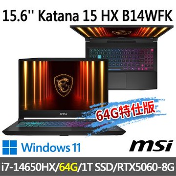 MSI微星 Katana 15 HX B14WFK-428TW 15.6吋 電競筆電 (i7-14650HX/64G/1T SSD/RTX5060-8G/Win11-64G特仕版)
