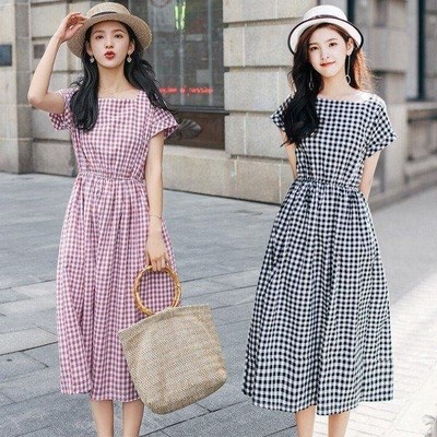 チェック柄ワンピース ギンガムチェック ロングワンピース 半袖 フレアワンピース ボートネック ウエストゴム ミモレワンピース ゆったり Aライン 通勤 着痩せ 通販 Lineポイント最大get Lineショッピング