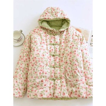 手工棉花女連帽棉服冬季新款盤扣復古加厚保暖棉襖媽媽裝外穿外套
