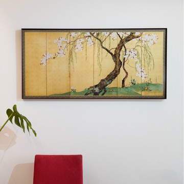 藝術掛畫｜琳派｜酒井抱一｜ 櫻楓圖屏風 - 黑胡桃色鋁框-60*120cm