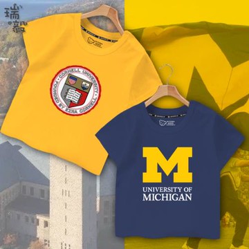 歐美名校學院風密歇根康奈爾大學短袖T恤衫男女兒童裝學生款半袖