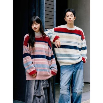 PSO Brand男裝女裝仿貂毛可愛小狗撞色條紋毛衣復古保暖毛線衣