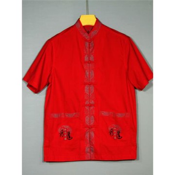 復古唐裝夏季男士短袖中國風盤扣刺繡襯衣立領純棉中老年爸爸襯衫