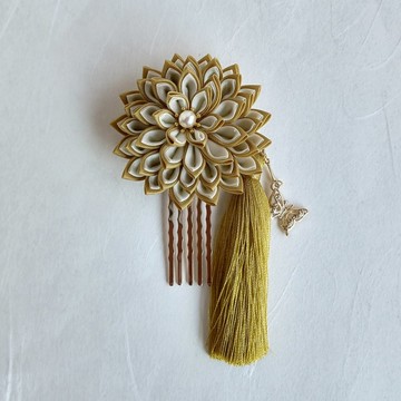 綴織花蝶髮飾 附流蘇 金色