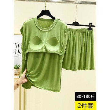 莫代爾胸墊款家居服套裝女夏薄款無袖睡衣休閑大碼免穿文胸兩件套