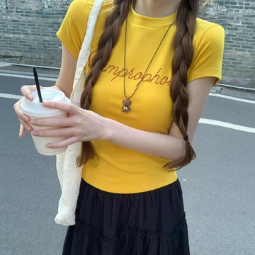 短袖t恤女夏2026新款短款修身燙鑽圓領韓版上衣短袖上衣 短款上衣 體恤 氣質顯瘦 寬鬆百搭上衣 半袖上衣 女裝