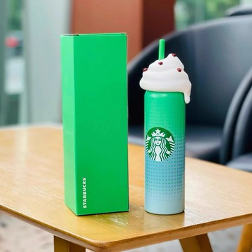 星巴克杯子2026新年禮物夏星冰樂派對漸變綠可愛奶油頂杯蓋不鏽鋼車載便攜保溫杯