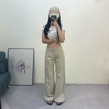 Se9052-【❤️實拍優選】淺杏色牛仔闊腿褲女 杏色寬褲 中低腰直筒褲 休閑落地褲 春秋款 四季款 後皮牌長褲 女裝