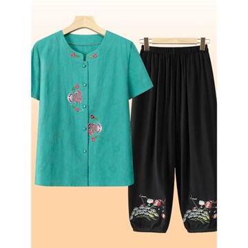 國風2024夏裝新款棉麻套裝老年女裝民族風兩件套媽媽繡花衣服短袖