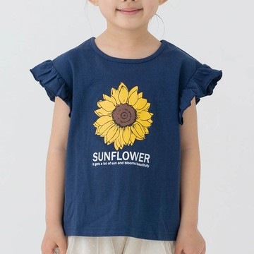 日本 Chil2 - 100%棉 荷葉邊女孩印花短袖上衣-向日葵-海軍藍