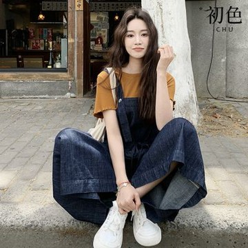 初色 慵懶風薄款純色圓領短袖T恤上衣女上衣+鬆緊繩牛仔吊帶九分褲休閒褲寬褲長褲套裝-共2色-50239(M-XL可選)