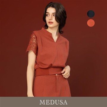 現貨【MEDUSA 曼度莎】優雅蕾絲拼接開領上衣 - 2色（M-XL）｜女短袖上衣 上班穿搭