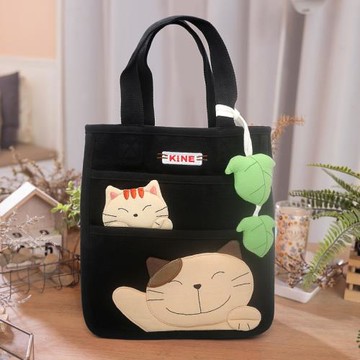 Kine貓 ins葉下貓帆布藝手提包卡通上班手提小包包日韓可愛小眾女