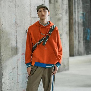 FISHING MEN美式高街刺繡連帽衛衣ins潮拼接撞色寬松時尚抓絨上衣