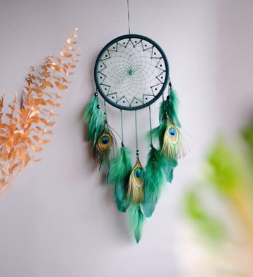 手工製作的孔雀綠捕夢網 - 獨特的波西米亞風牆裝飾