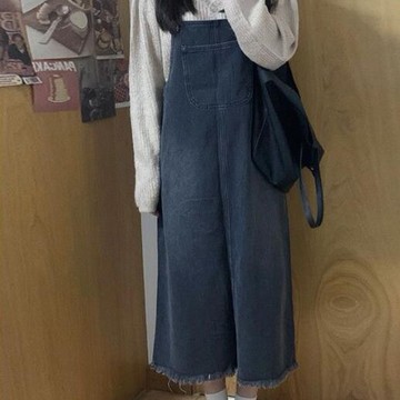 胖胖美依 洋裝 牛仔裙 開背帶裙 S-XL新款牛仔背帶中長裙茶系奶繫穿搭鹽系氣質連身裙-8847.